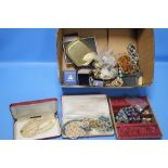 A BOX OF ASSORTED COSTUME JEWELLERY AND LOOSE COINS