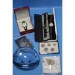 A QUANTITY OF COINS, WRISTWATCHES, CUFFLINKS ETC.
