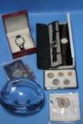 A QUANTITY OF COINS, WRISTWATCHES, CUFFLINKS ETC.