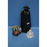 A MINIATURE ROYAL DOULTON FIGURINE OF VICTORIA, A WEDGWOOD DECANTER AND A MINIATURE CHARACTER JUG