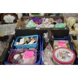 A QUANTITY OF SEWING ACCESSORIES TO INCLUDE THREADS, BUTTONS, TEXTILES ETC.