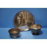 A HALLMARKED SILVER SALVER, A FOOTED BOWL, AND A ROSE BOWL (3)