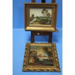 A FRAMED OIL ON BOARD DEPICTING A RIVERSIDE SCENE TOGETHER WITH AN OIL ON COPPER OF A RIVER SCENE