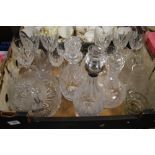 A TRAY OF GLASSWARE TO INCLUDE A HALLMARKED SILVER DECANTER (TRAY NOT INCLUDED)