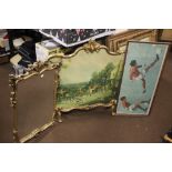 A FIRE SCREEN TOGETHER WITH A GILT MIRROR AND A PRINT