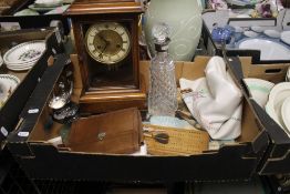 A TRAY OF SUNDRIES TO INCLUDE A MANTEL CLOCK, DECANTER ETC