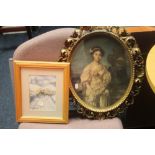 A DECORATIVE OVAL FRAMED PORTRAIT AND A PRINT (2)