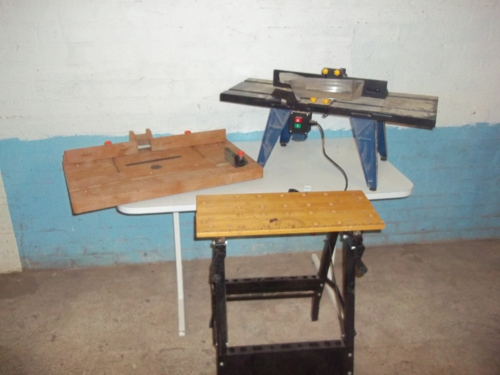 A ROUTER BENCH, A TABLE TOP SAW AND A FRETWORK WORK BENCH