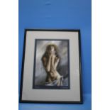 A FRAMED AND GLAZED PRINT DEPICTING A NUDE SIGNED V. SHUKSHIN