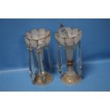 A PAIR OF VICTORIAN GLASS LUSTRES WITH CUT GLASS DROPPERS A/F