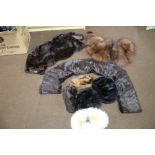 FIVE FUR HATS TOGETHER WITH TWO STOLES ETC