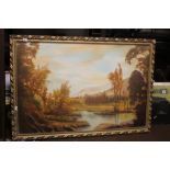 A FRAMED OIL ON BOARD DEPICTING A LAKESIDE SCENE