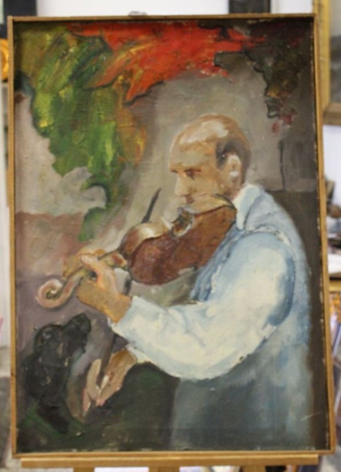 Geigenspieler, verso signiert u. betitelt, Öl/Leinwand, schlicht gerahmt, RG 88 x 62cm. - Bild 3 aus 4