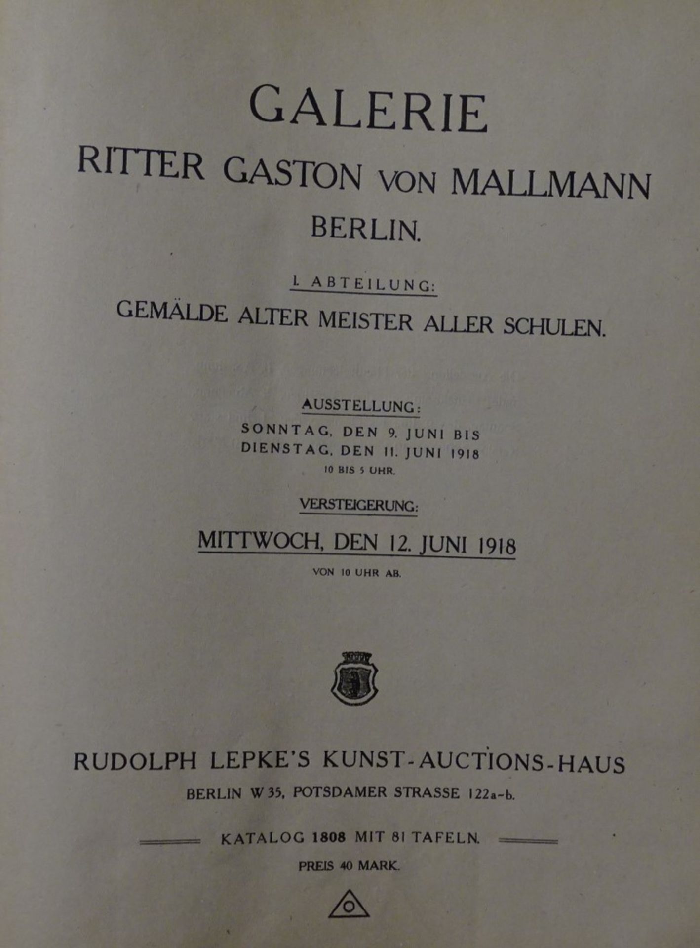 Katalog 1808 mit 81 Tafeln, Galerie Ritter Gaston von Mallmann Berlin, 1.Abt.Gemälde alter Meister - Bild 2 aus 9