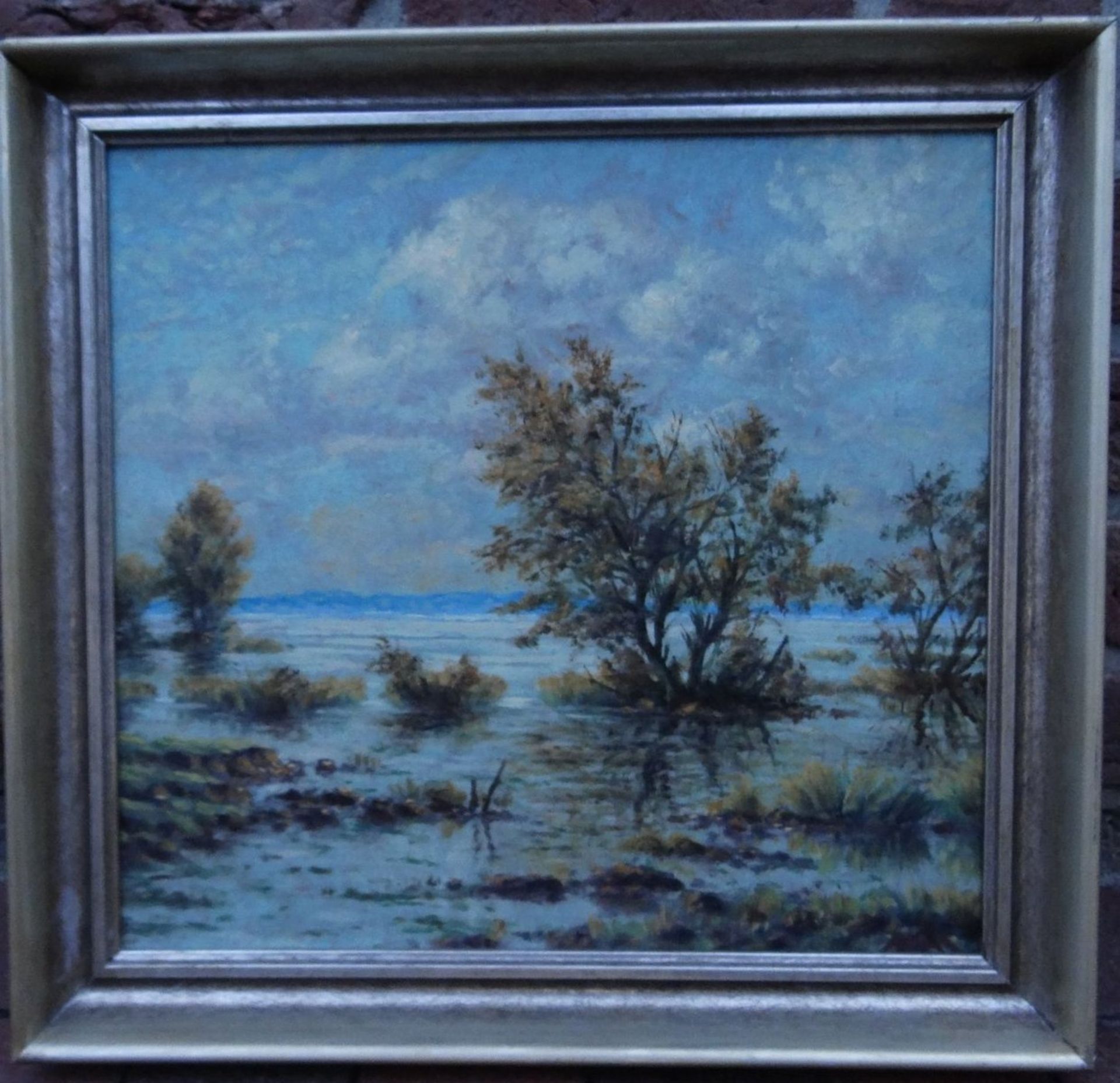 Mario Oehlschläger (1898-1970) "Herbst am Balksee",betitelt, Öl/Platte, gerahmt, RG 48x48 cm