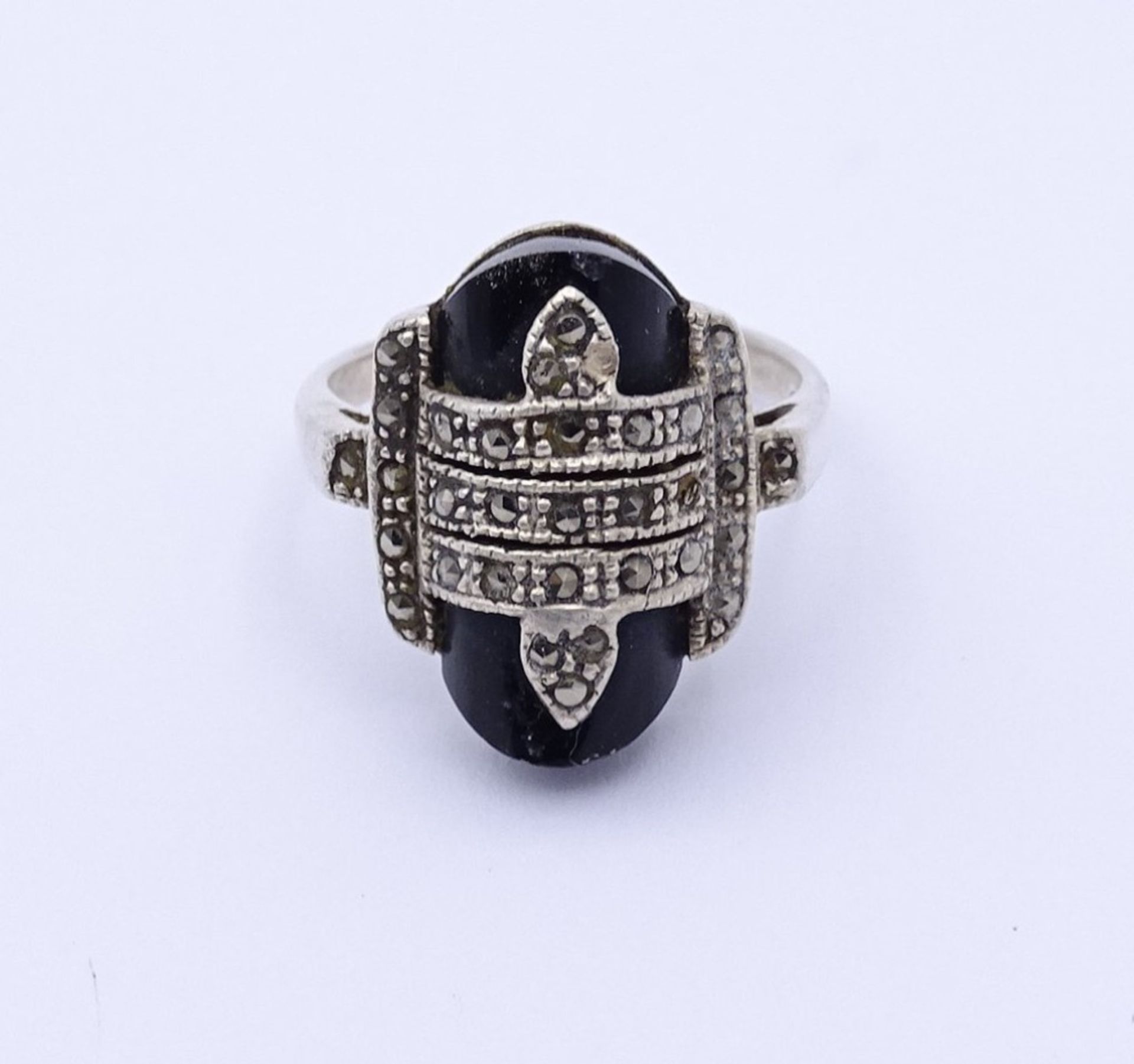 Silber Ring mit Onyx und Markasiten,Sterling Silber 0.925, 5,20gr., RG 53, drei Markasiten fehlenn - Bild 4 aus 6