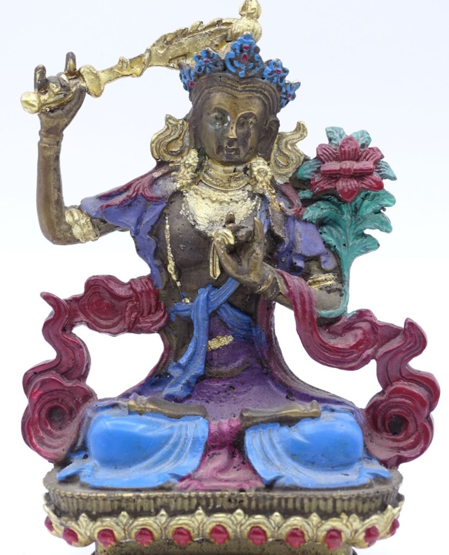 kl. farbiger Bronze Buddha mit Flammenschwert,Boden mit Stempelung, H- 12,5cm - Image 2 of 5