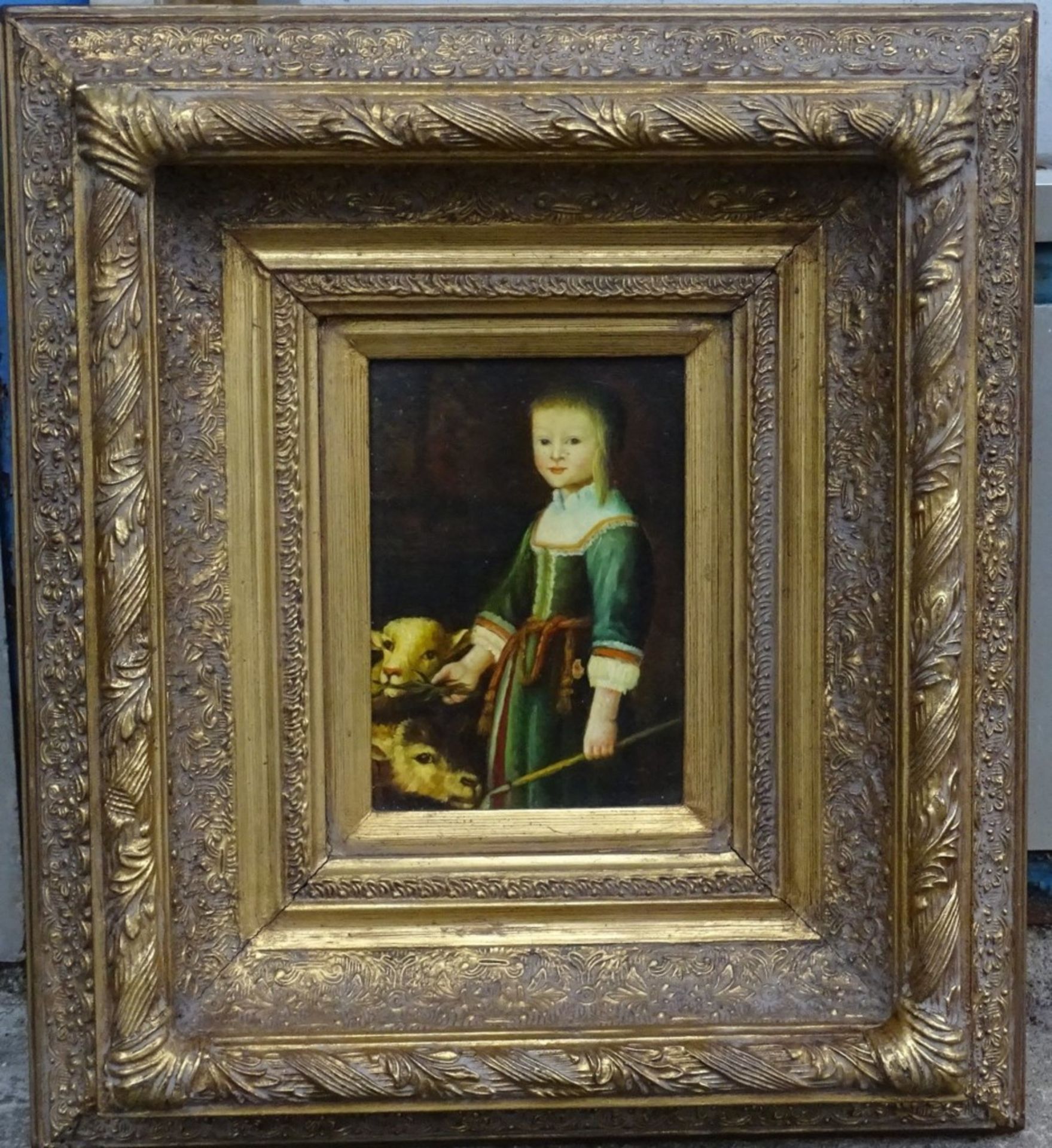 " Kinderportrait mit Kälbern " anonym, im prachtvollen Rahmen,Öl/Holz, RG 41,5x37cm,T-7,5cm - Bild 7 aus 7