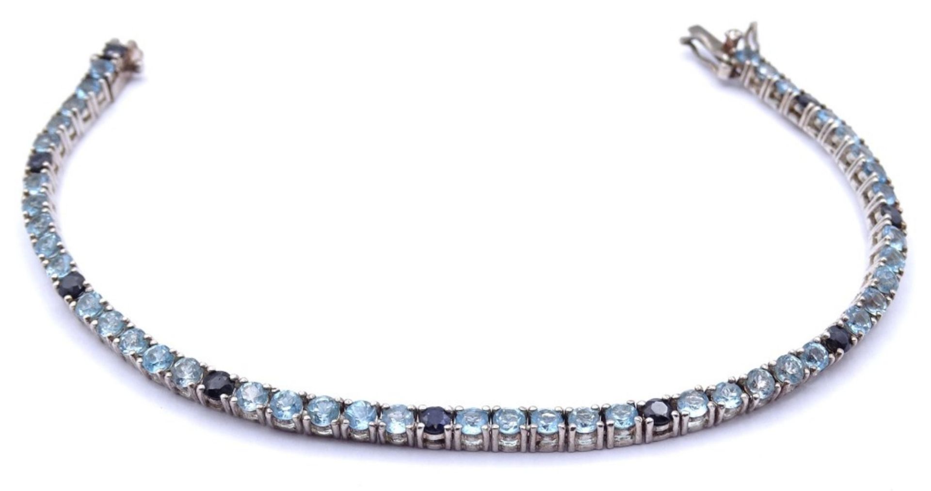 Silber Armband mit rund facc.Edelsteinen,Saphire und Blautopase?,Sterling Silber 0.925. L- 19cm, - Bild 2 aus 4