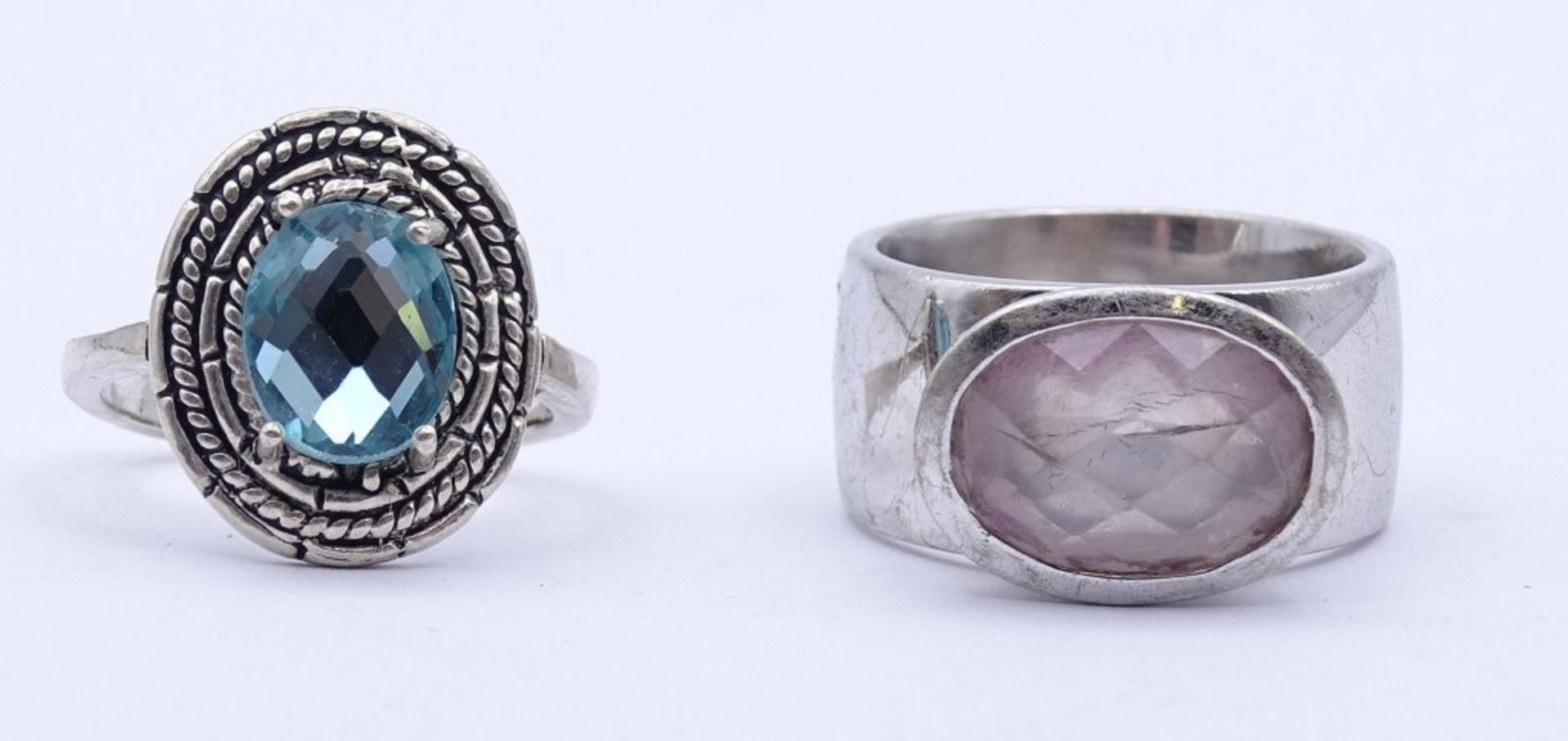 Zwei Silber Ringe mit Rosenquarz und Farbstein,Silber 0.925, RG 57/59