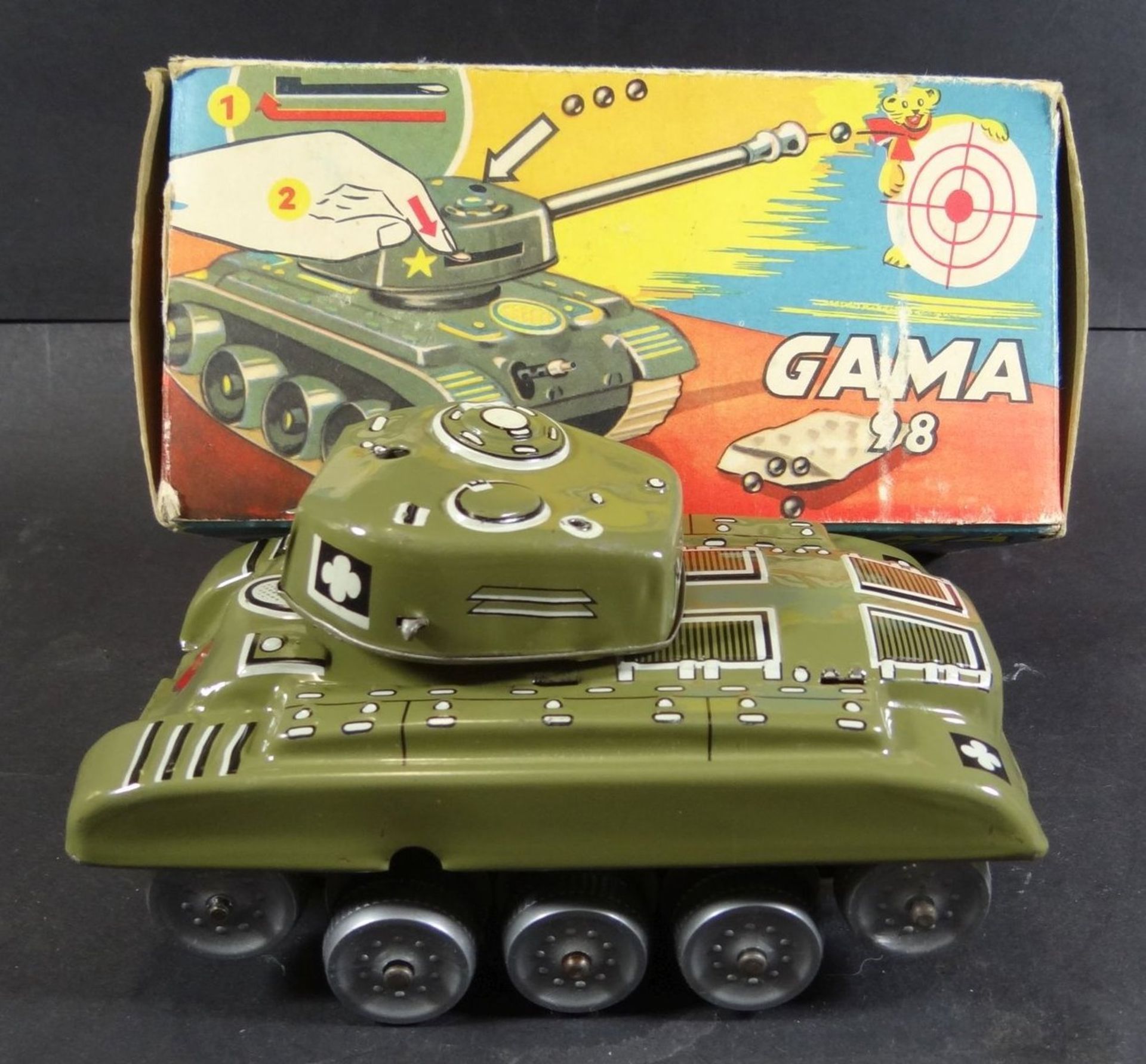 Gama M98 Panzer in OVP, neuwertig, aber Kanonenrohr und Panzerketten fehlen! 60-er Jahre