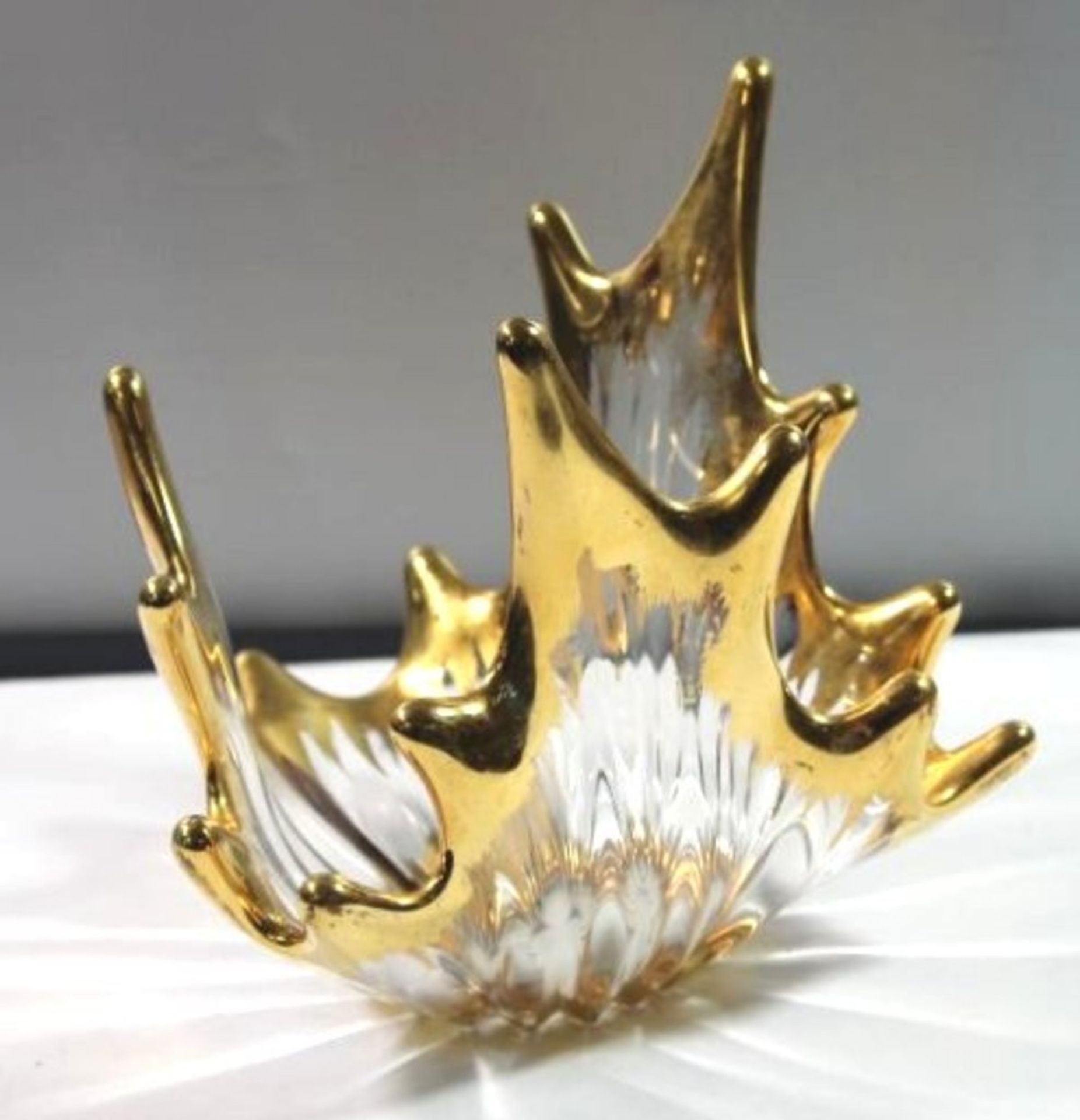 Kunstglas-Fingerschale, farbloses Glas mit Golddekor, H-19cm ca. B-18cm.