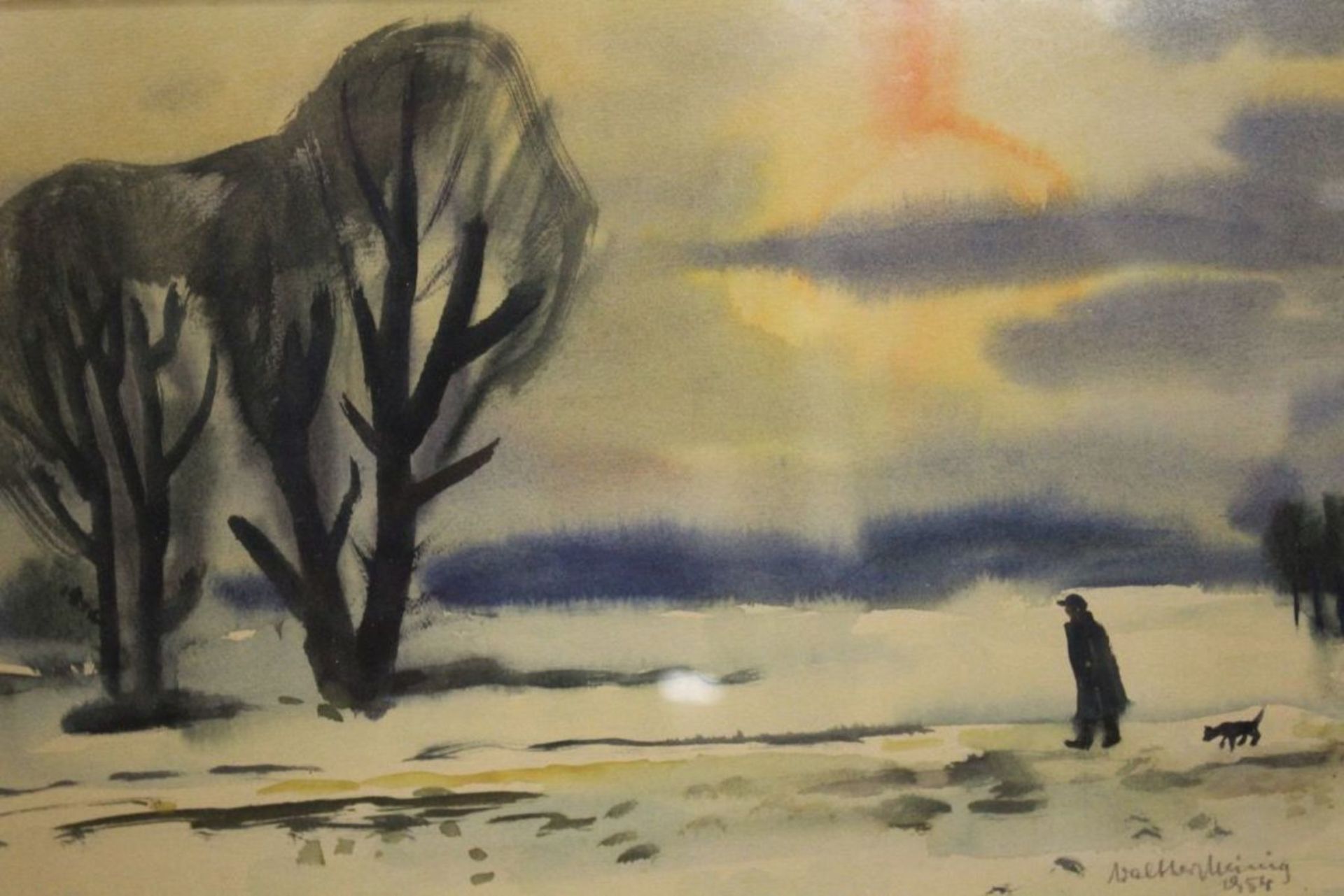 Walter MEINIG (1902-1987), Winterspaziergang, datiert 1954, Aquarell, ger./Glas, RG 40 x 59cm.