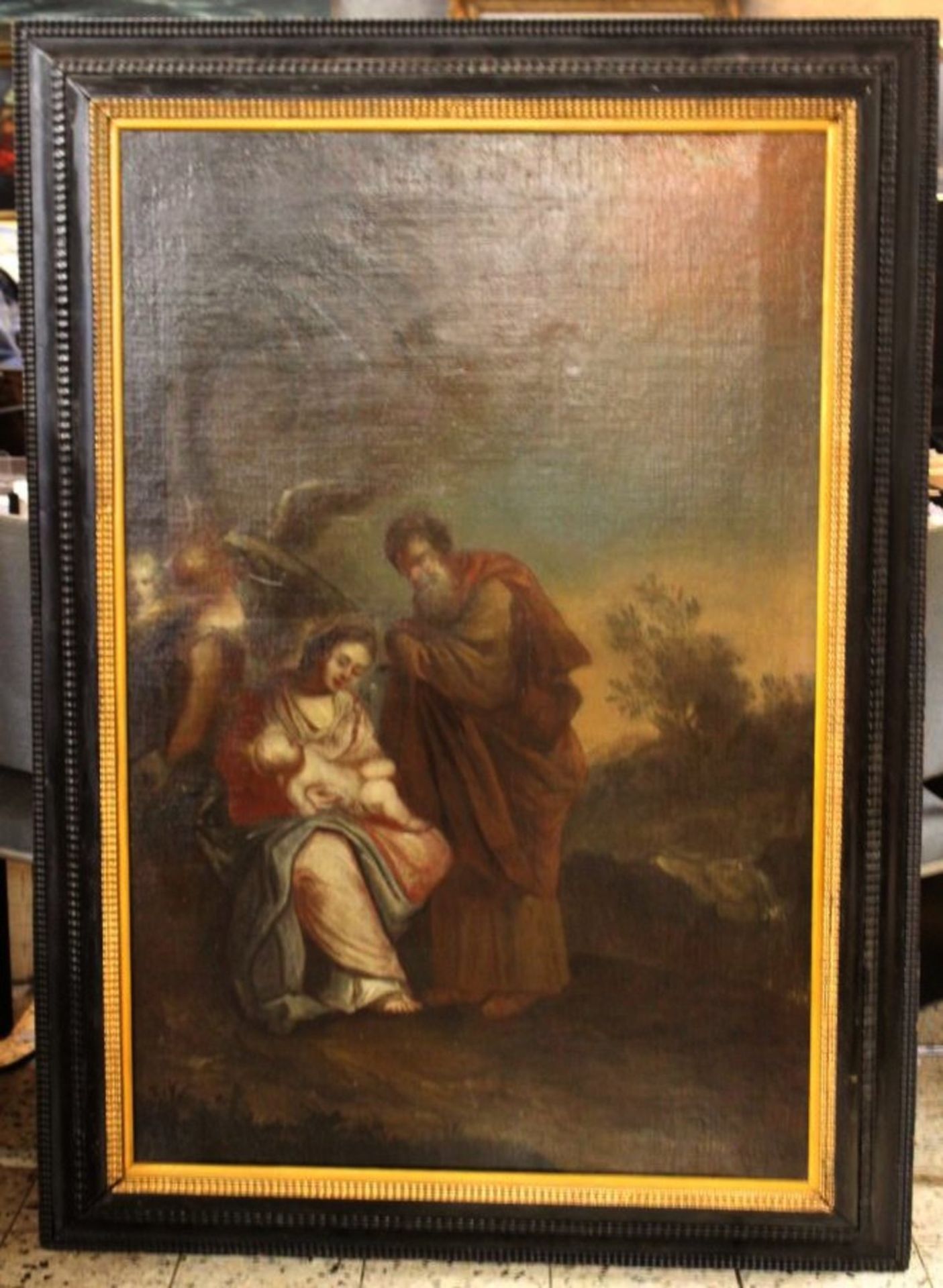 Altmeister Gemälde, Maria u. Josef mit Kind, 17./18. Jhd., Öl/Leinwand, alt gerahmt, RG 133 x 95cm. - Bild 3 aus 4