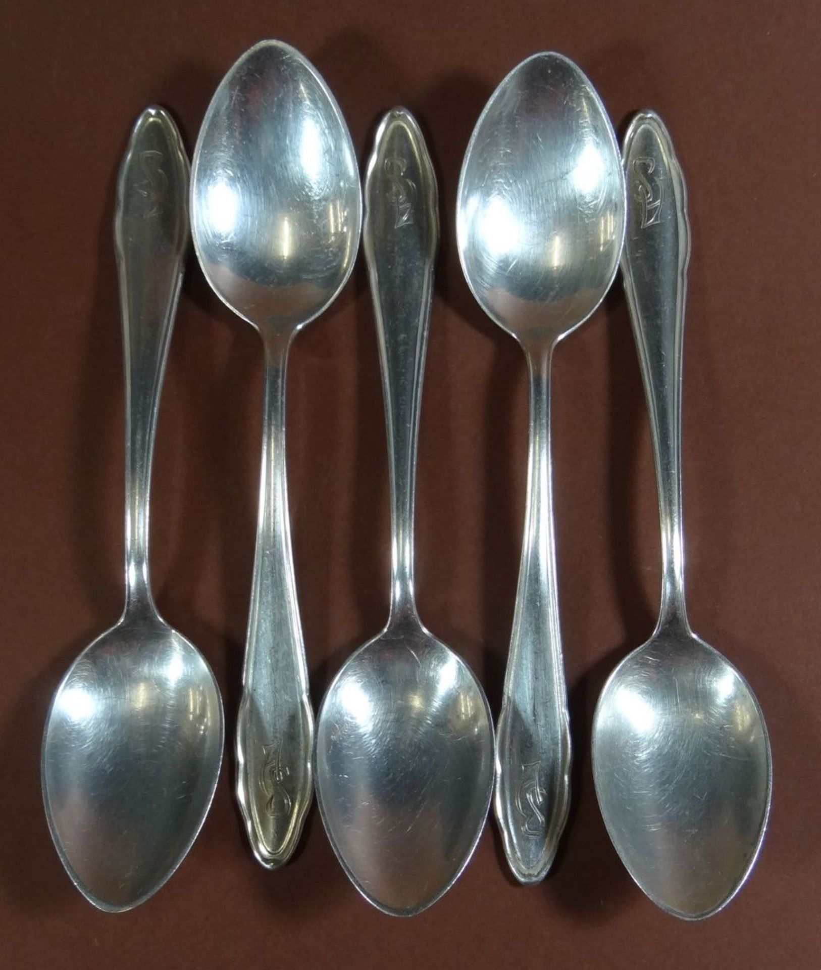 5x Teelöffel, Silber-800-, L-13 cm, 86 gr., Ziermonogramm - Bild 2 aus 5