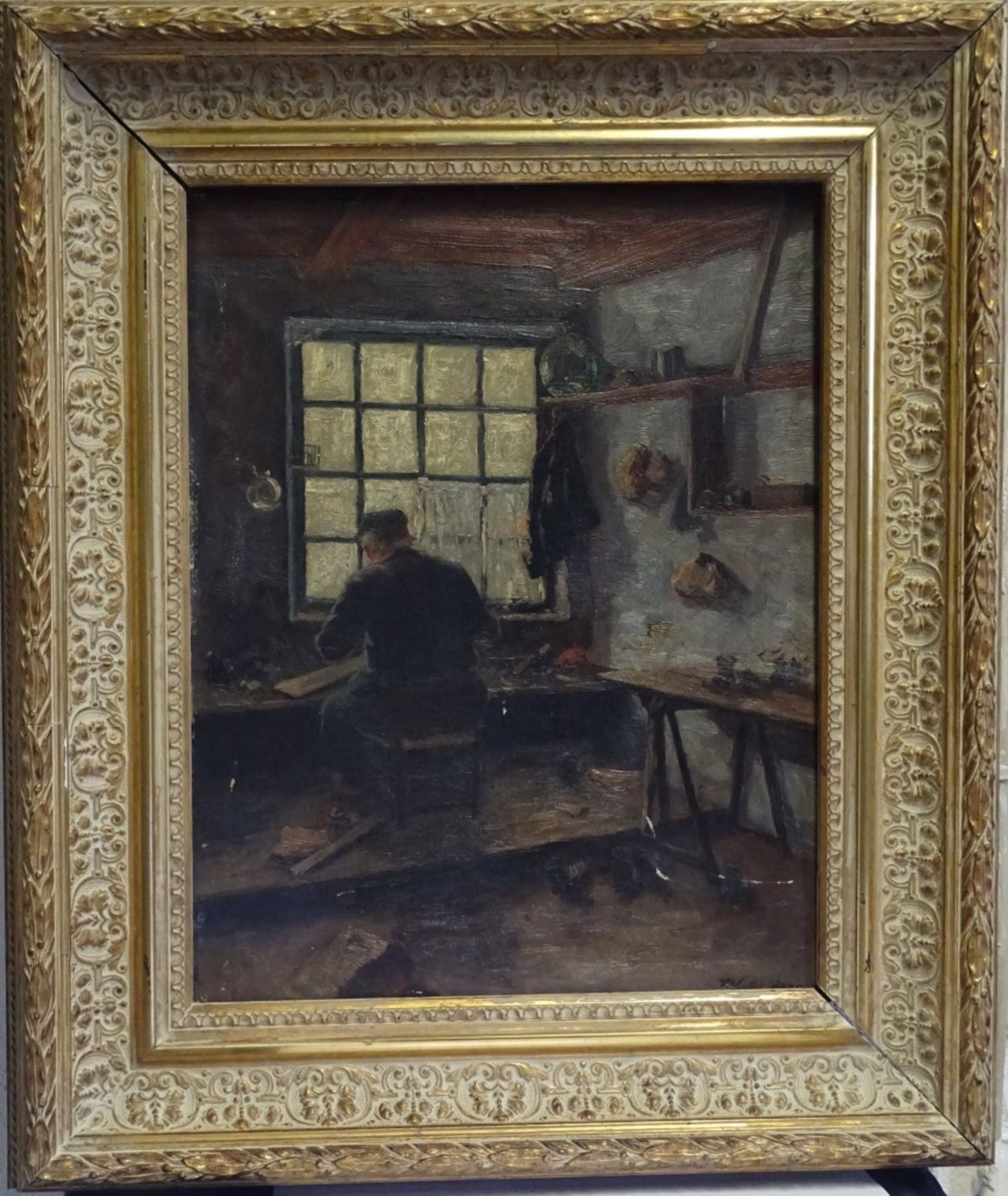 "Schuhmacher in Werkstatt", unles.u.r.signiert,alt gerahmt, Öl/Leinen,RG 58,5x49,5cm