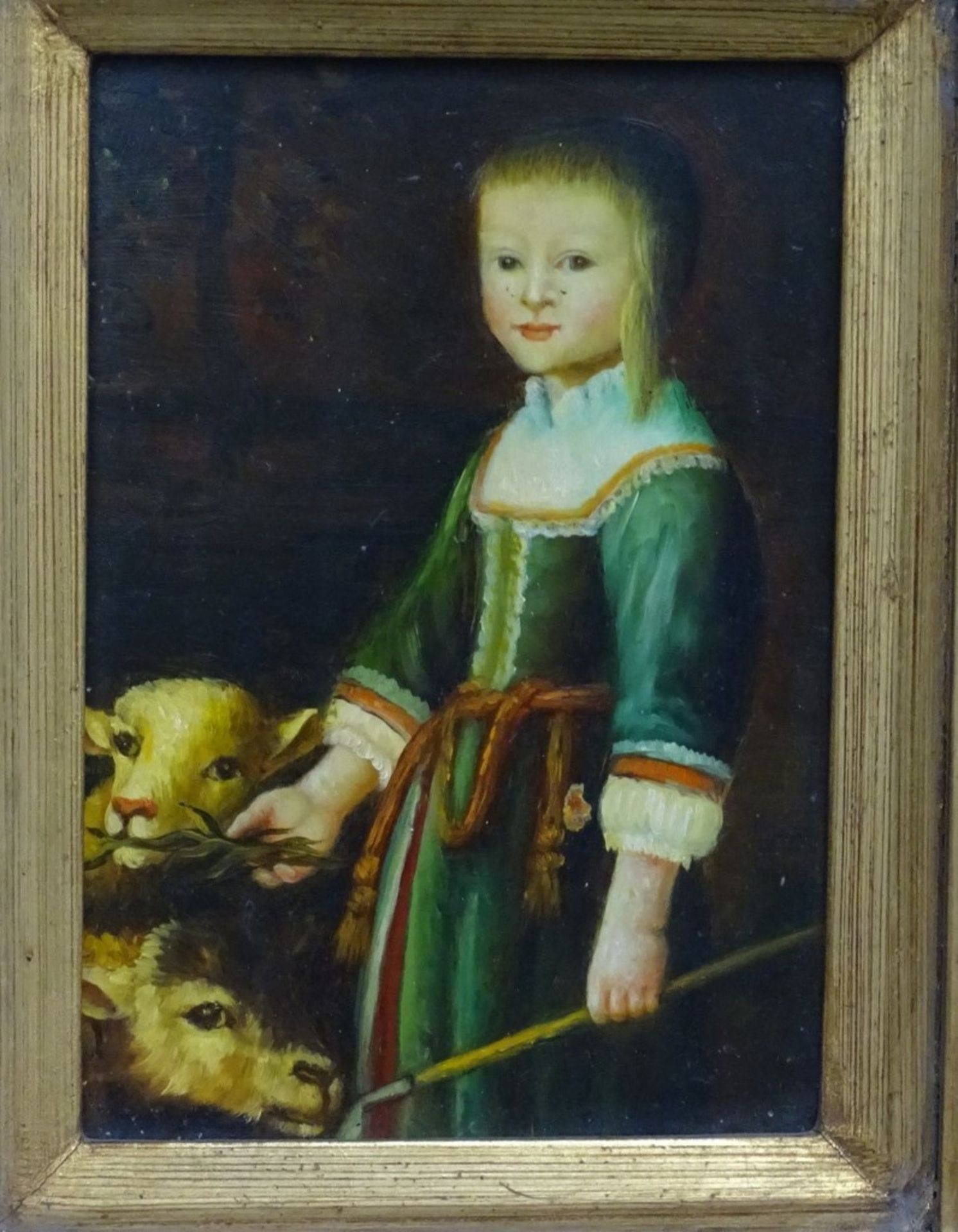 " Kinderportrait mit Kälbern " anonym, im prachtvollen Rahmen,Öl/Holz, RG 41,5x37cm,T-7,5cm - Bild 3 aus 7