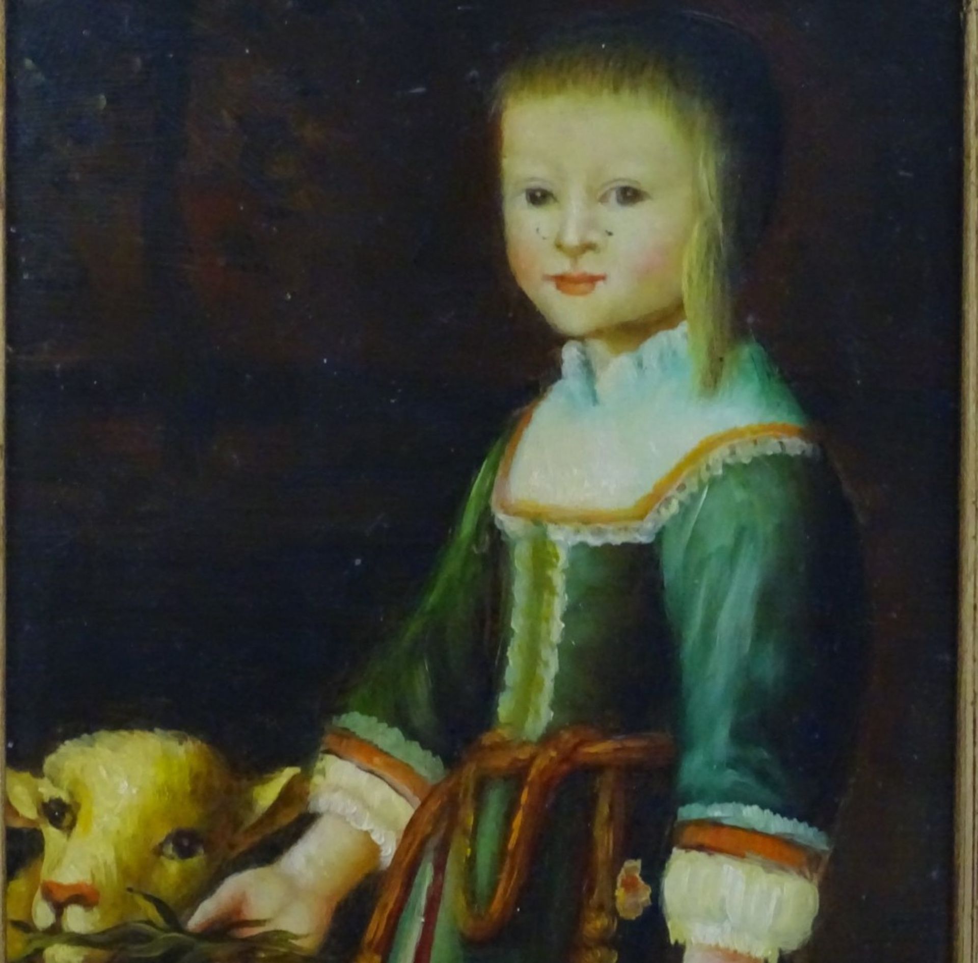 " Kinderportrait mit Kälbern " anonym, im prachtvollen Rahmen,Öl/Holz, RG 41,5x37cm,T-7,5cm - Bild 5 aus 7
