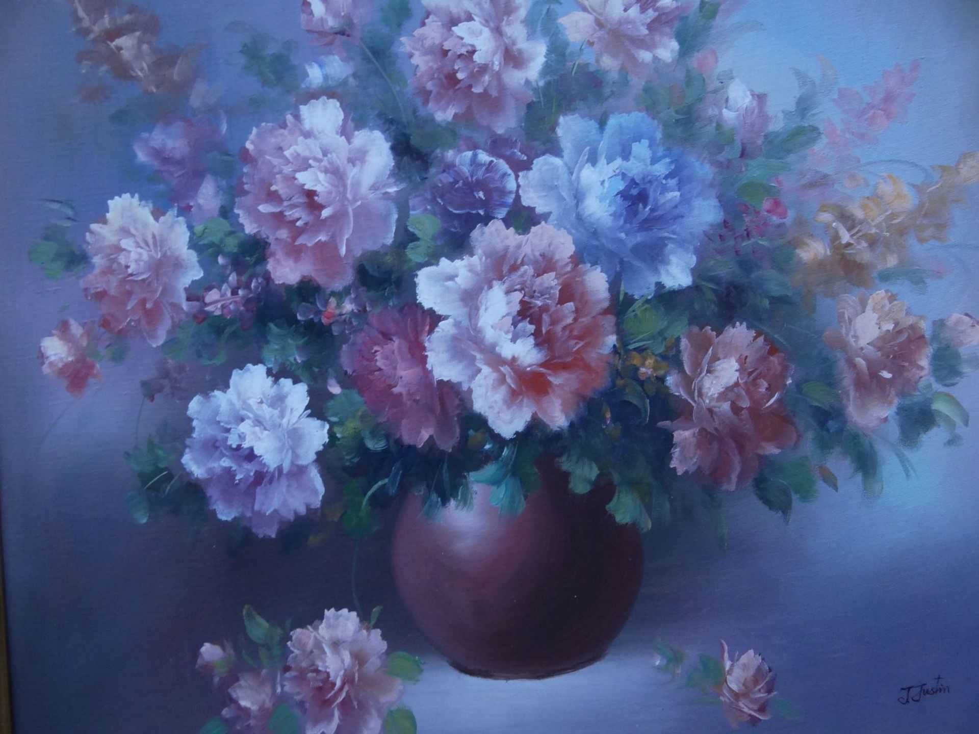 J.Justin "Blumenstilleben" Öl/Leinen, gerahmt, RG 65x75 cm