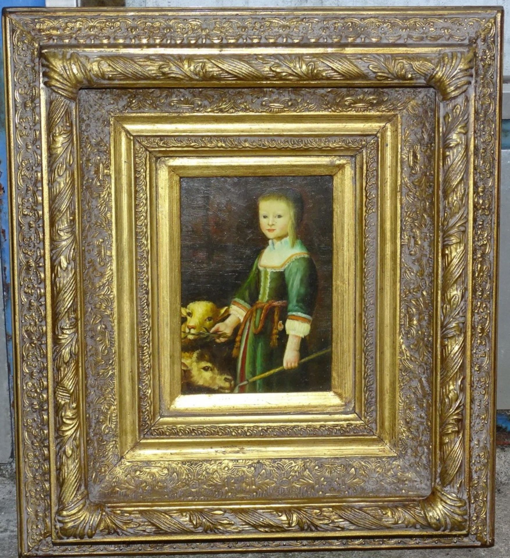 " Kinderportrait mit Kälbern " anonym, im prachtvollen Rahmen,Öl/Holz, RG 41,5x37cm,T-7,5cm - Bild 2 aus 7