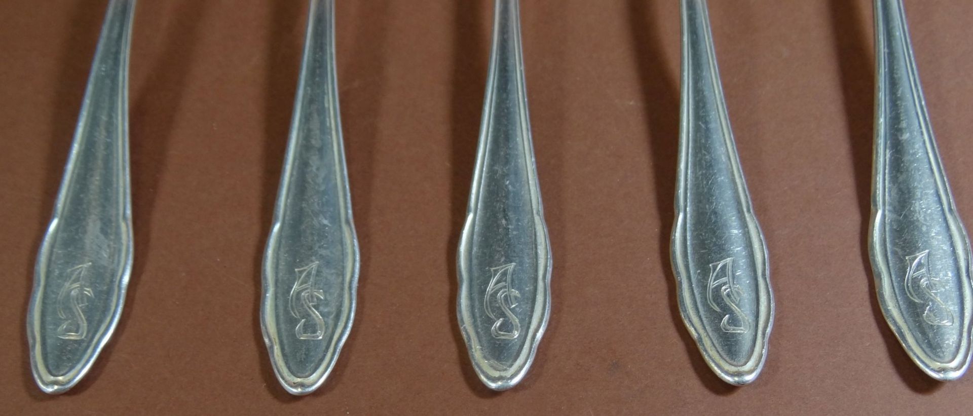 5x Teelöffel, Silber-800-, L-13 cm, 86 gr., Ziermonogramm - Bild 4 aus 5