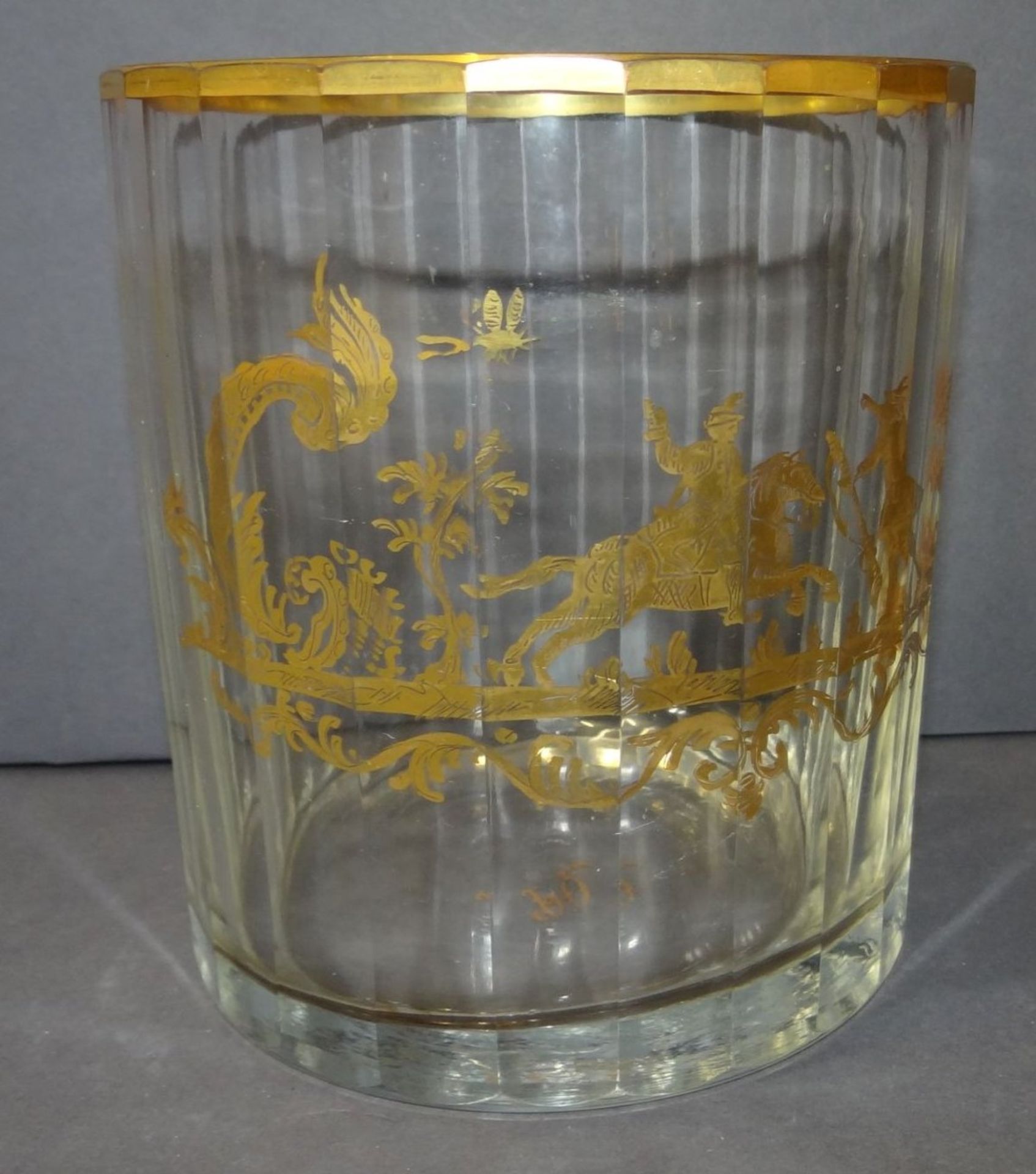 grosses Biedermeier-Glasgefäss um 1840 mit Golddekor,in Boden Initialien, H-14,5 cm, D-13 cm,