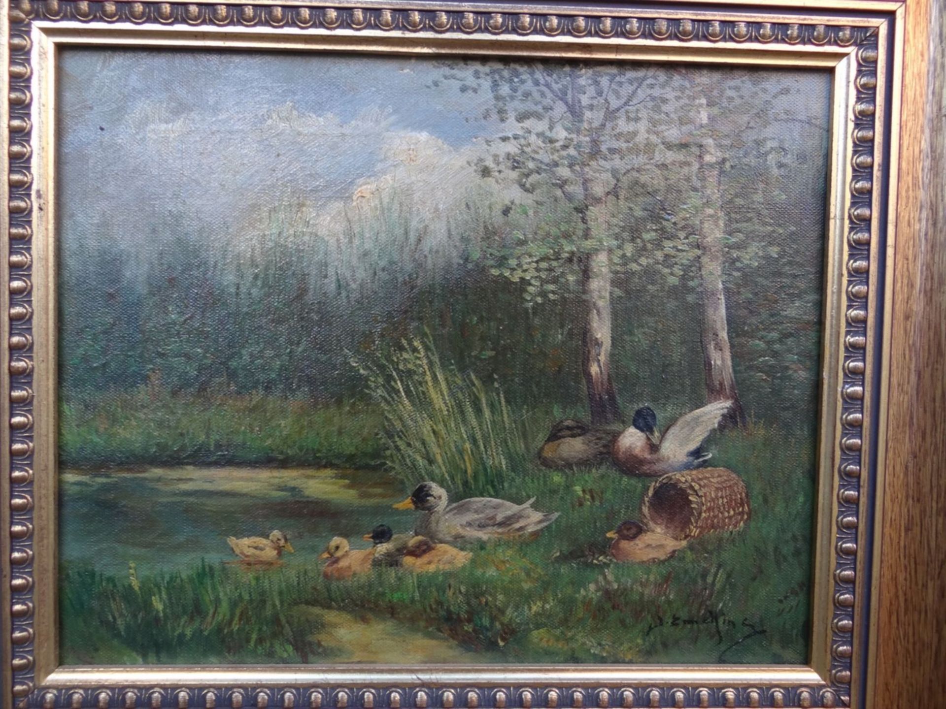 unleserl. signiert "Enten" Öl/Leinen, gerahmt, RG 38x44 cm - Bild 2 aus 5