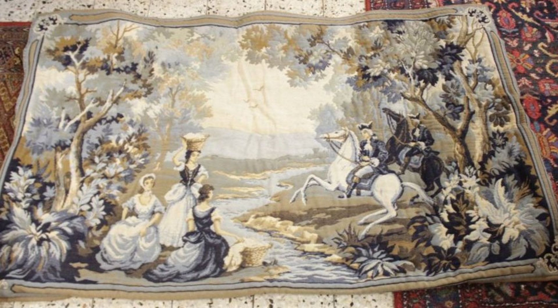 Wandteppich, Gobelin, galante Szenerie, älter, leichte Gebrauchsspuren, 100 x 160cm.