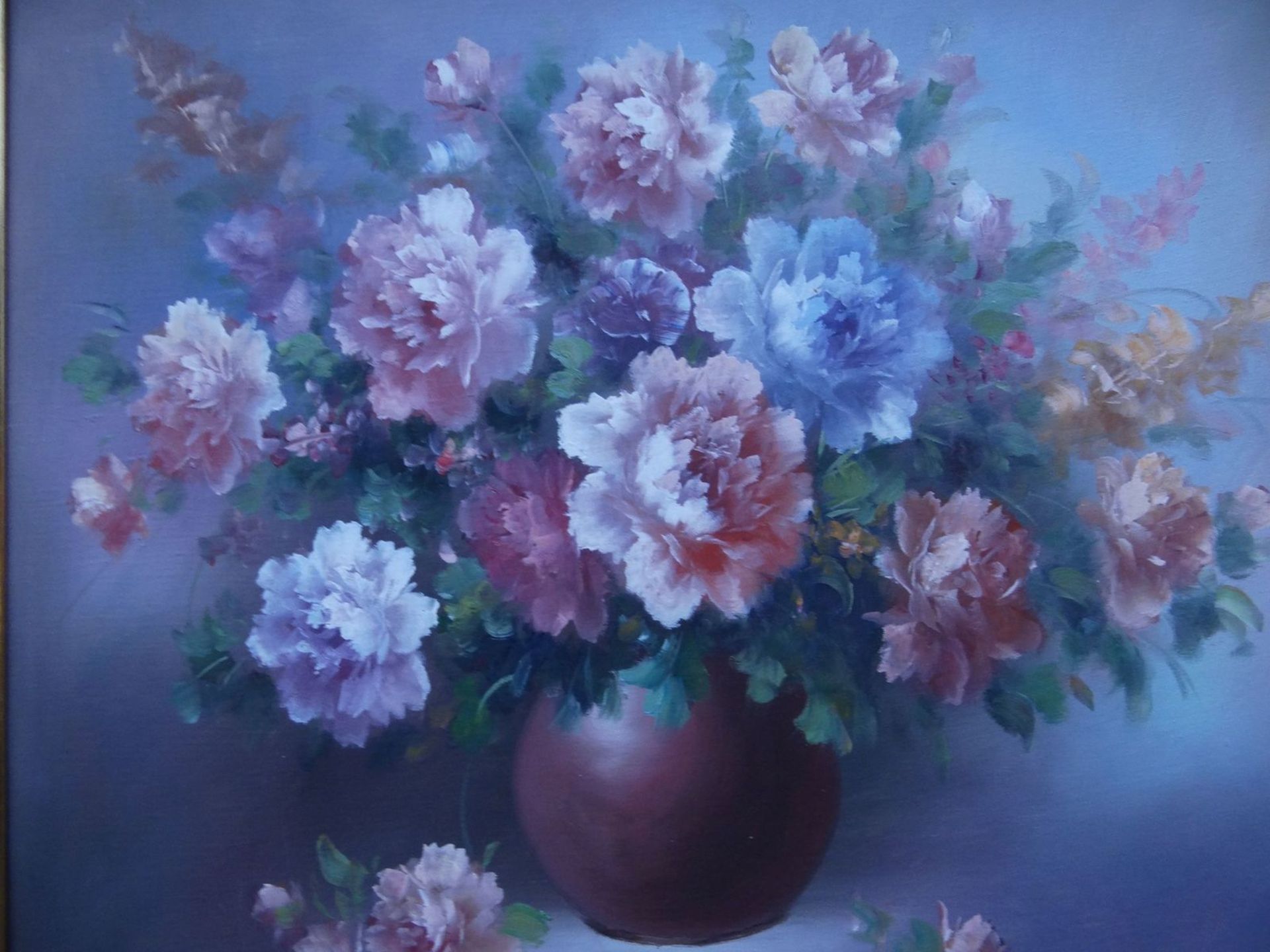 J.Justin "Blumenstilleben" Öl/Leinen, gerahmt, RG 65x75 cm - Bild 3 aus 5