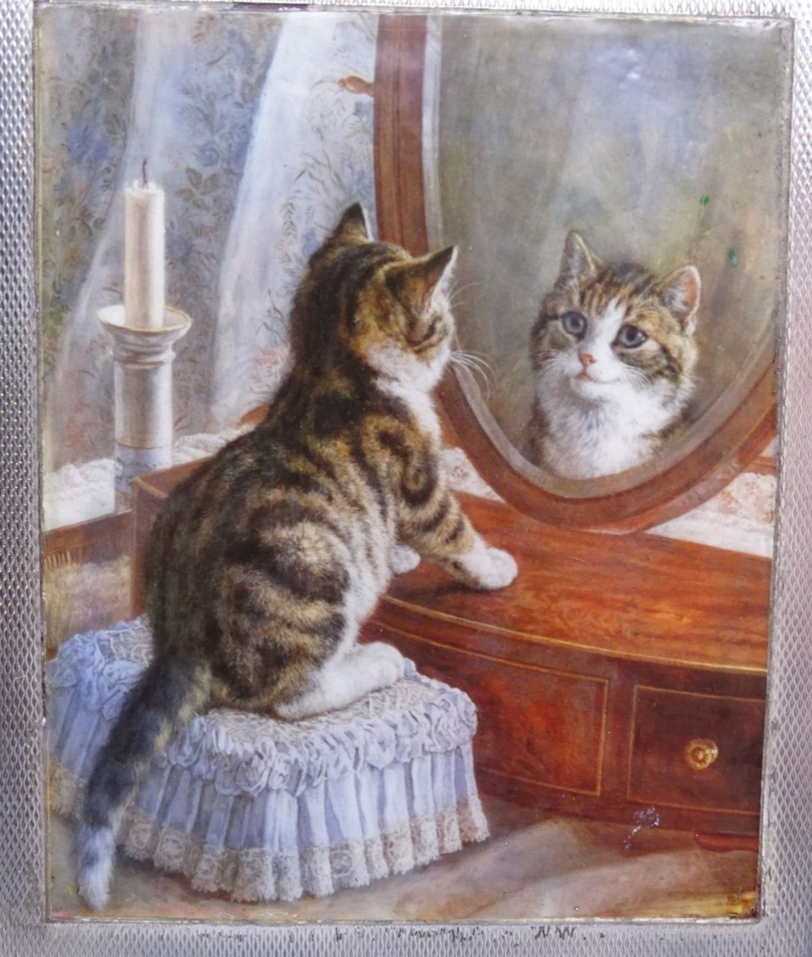 Zigaretten Etui mit Emaillie, Katze in Spiegel schauend , Silber ,England, Innen Monogramm und - Bild 2 aus 5