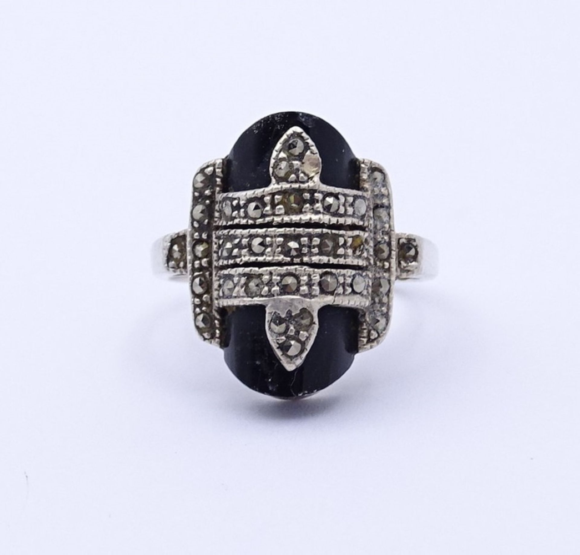 Silber Ring mit Onyx und Markasiten,Sterling Silber 0.925, 5,20gr., RG 53, drei Markasiten fehlenn