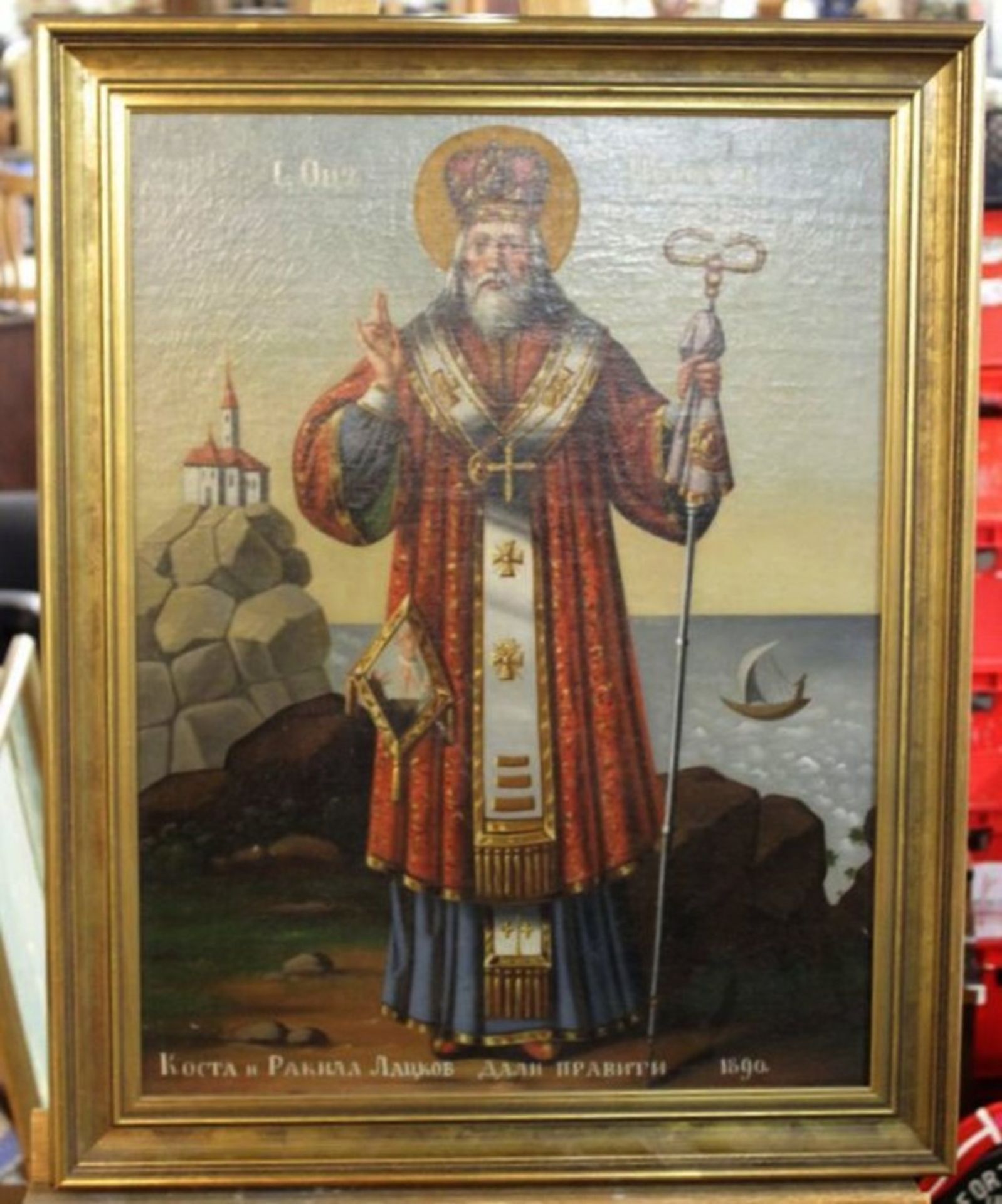 orthodoxes Gemälde, Heiligendarstellung, kyrill. beschriftet, wohl Öl/Leinwand doubliert, - Bild 3 aus 4