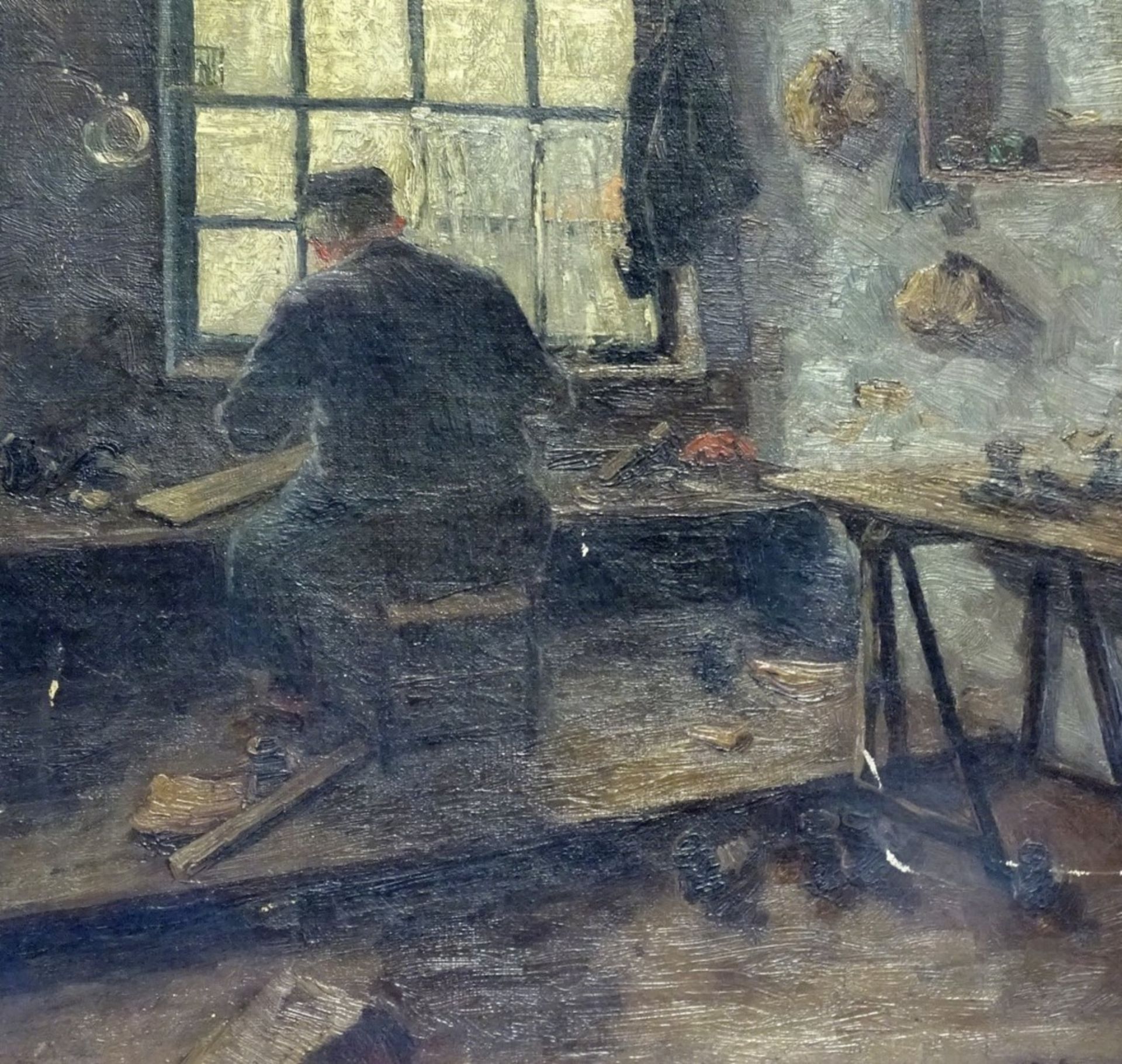 "Schuhmacher in Werkstatt", unles.u.r.signiert,alt gerahmt, Öl/Leinen,RG 58,5x49,5cm - Bild 5 aus 6