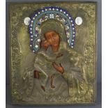 wohl griechische Ikone, Messingoklad und emailliert, Muttergottes mit Kind, 32x26 cm