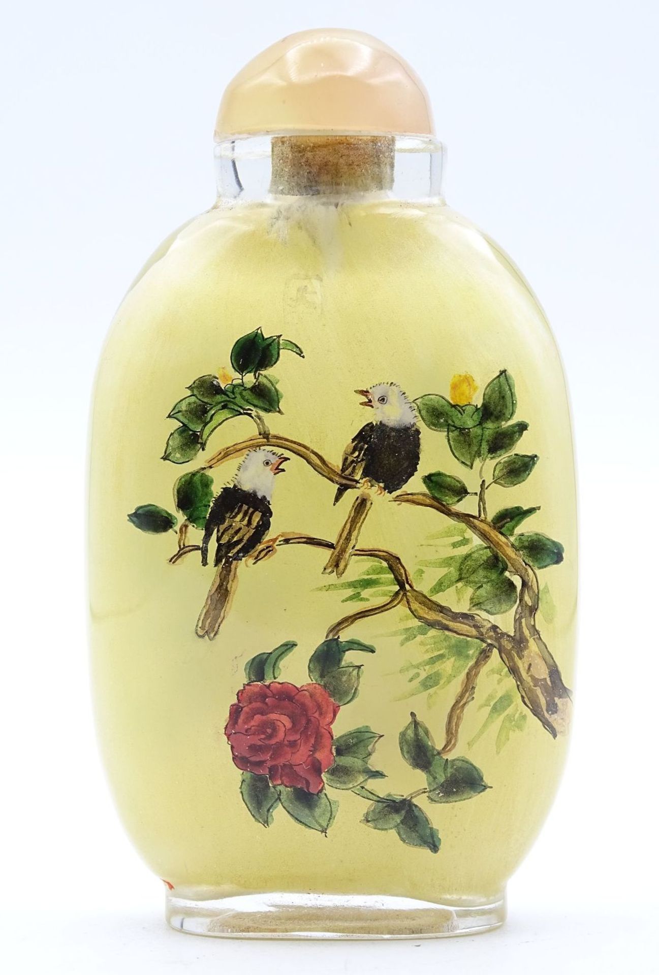 Snuff Bottle, Zwischenglasmalerei,gelblich, China, H-8 cm