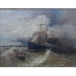 E.Neumann, Berlin "Segelschiff beim Ausbooten" Öl/Leinen, gut gerahmt, RG 60x68 cm