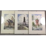 3x aquarellierte Federzeichnungen, Paul Riedel, Cuxhaven-Ansichten, Nurglasrahmen, RG 30 x 21cm.