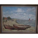 unleserl. sign. 1955 "Boote am Strand" Öl/Holz, gerahmt, RG 87x110 cm