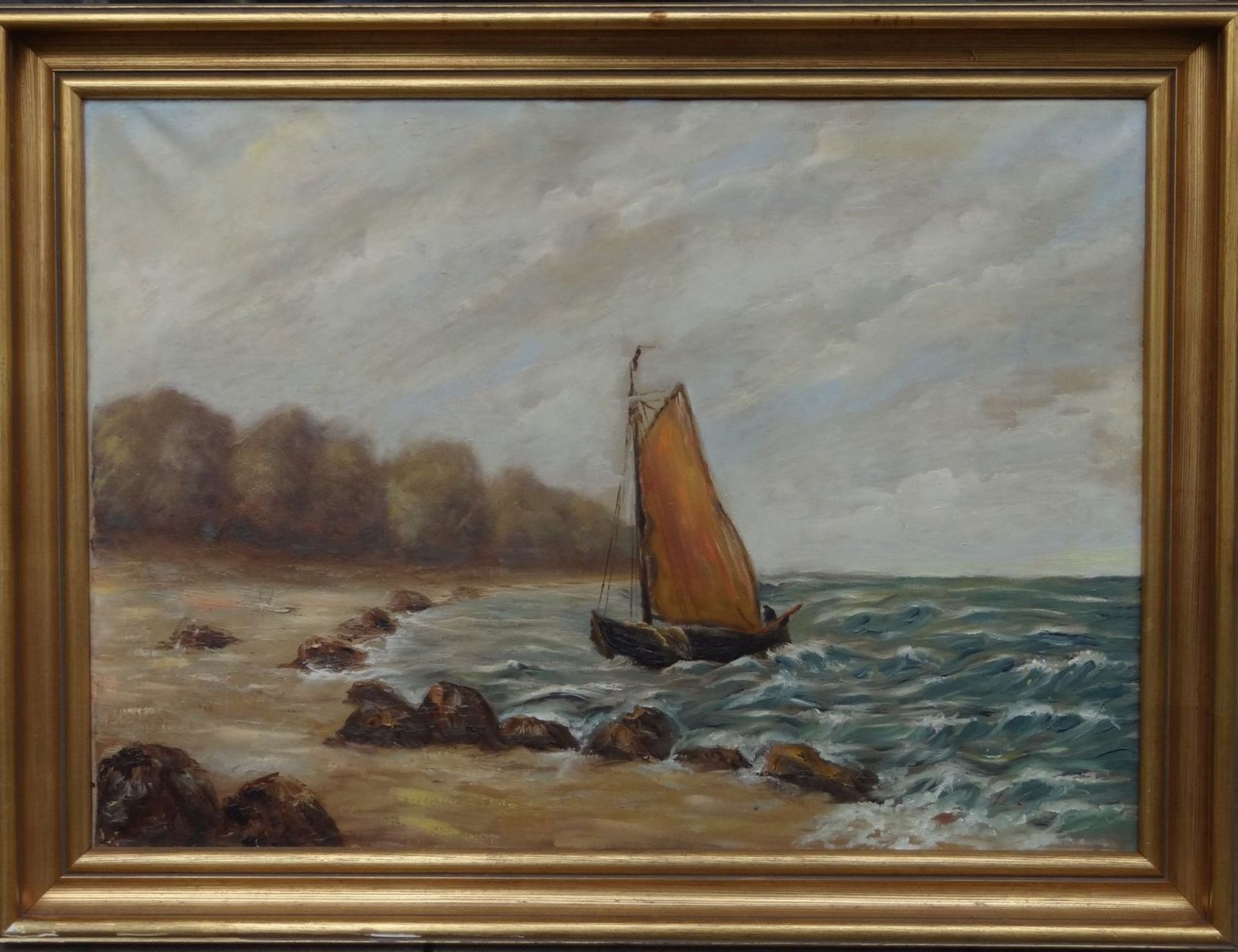 anonymes Gemälde "Segelkutter am Ufer"ÖlLeinen, alt gerahmt, RG60x80 cm - Bild 2 aus 5