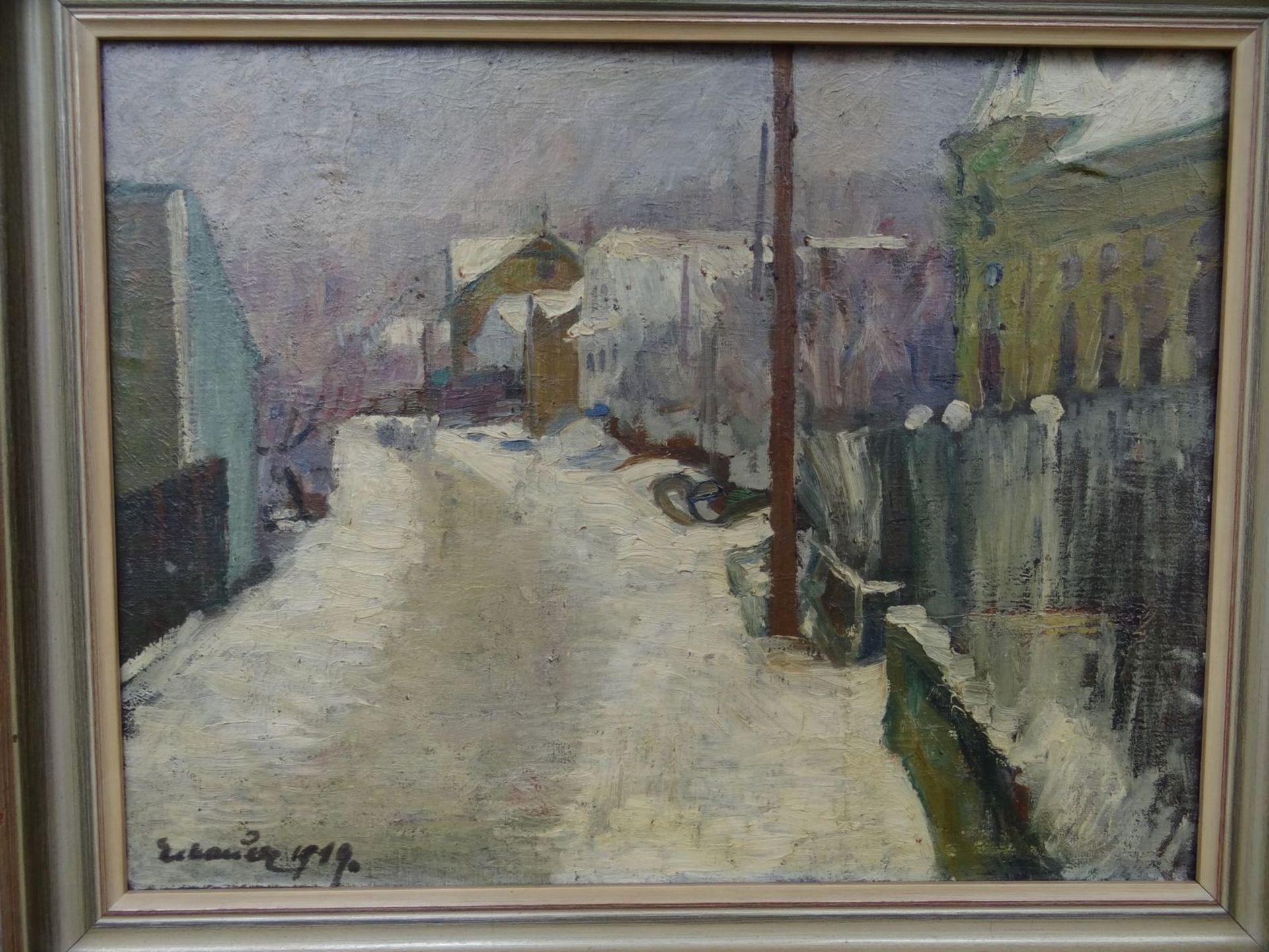 Paul GEBAUER (1888-?), 1919 "Dorfstrasse im Winter", öl/Leinen, gerahmt, RG 60x74 cm - Image 3 of 5